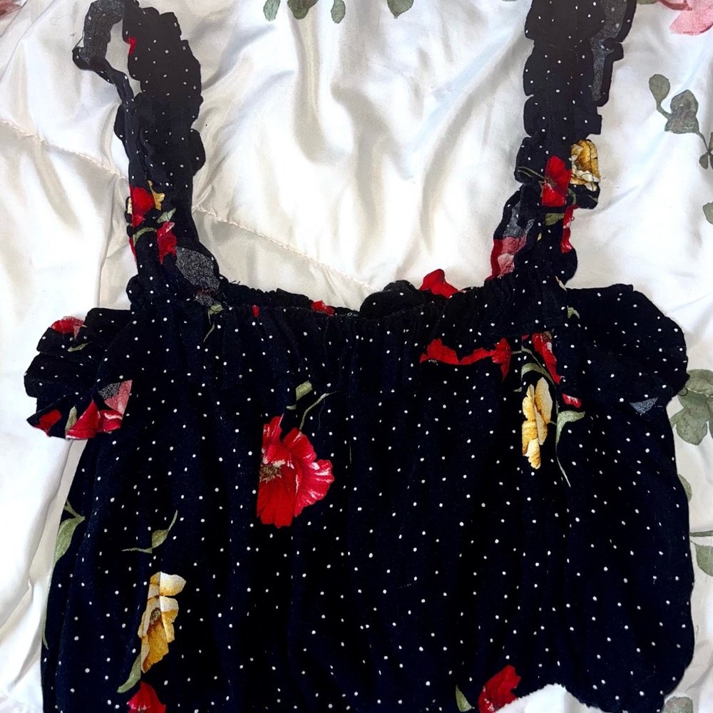 Forever 21 Black Floral Polka Dot Cropped Tank Top